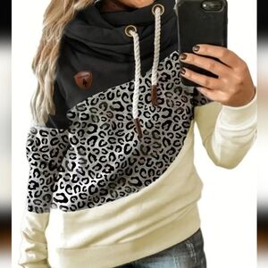 Plus Size Leopard Print Colorblock Hoodie